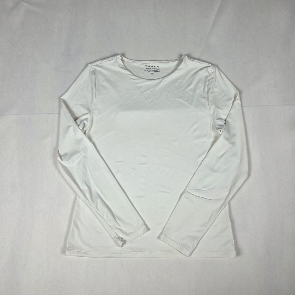TAHARI Modern Essentials Women's White Long Sleeve Crew Neck Top Size L/G